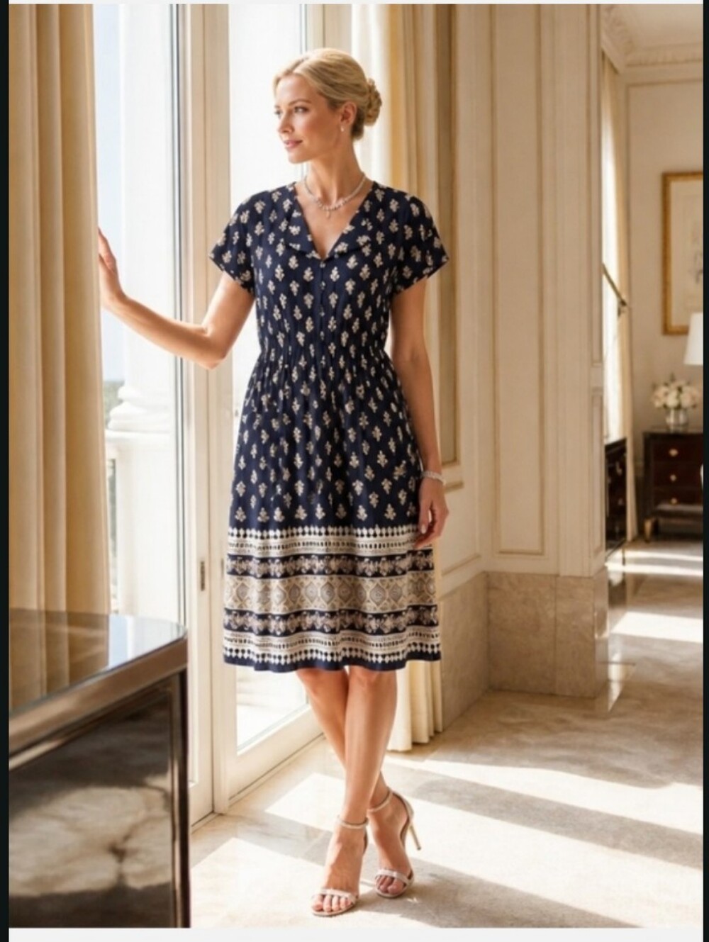 Navy Printed Short Sleeve V-Neck Dress